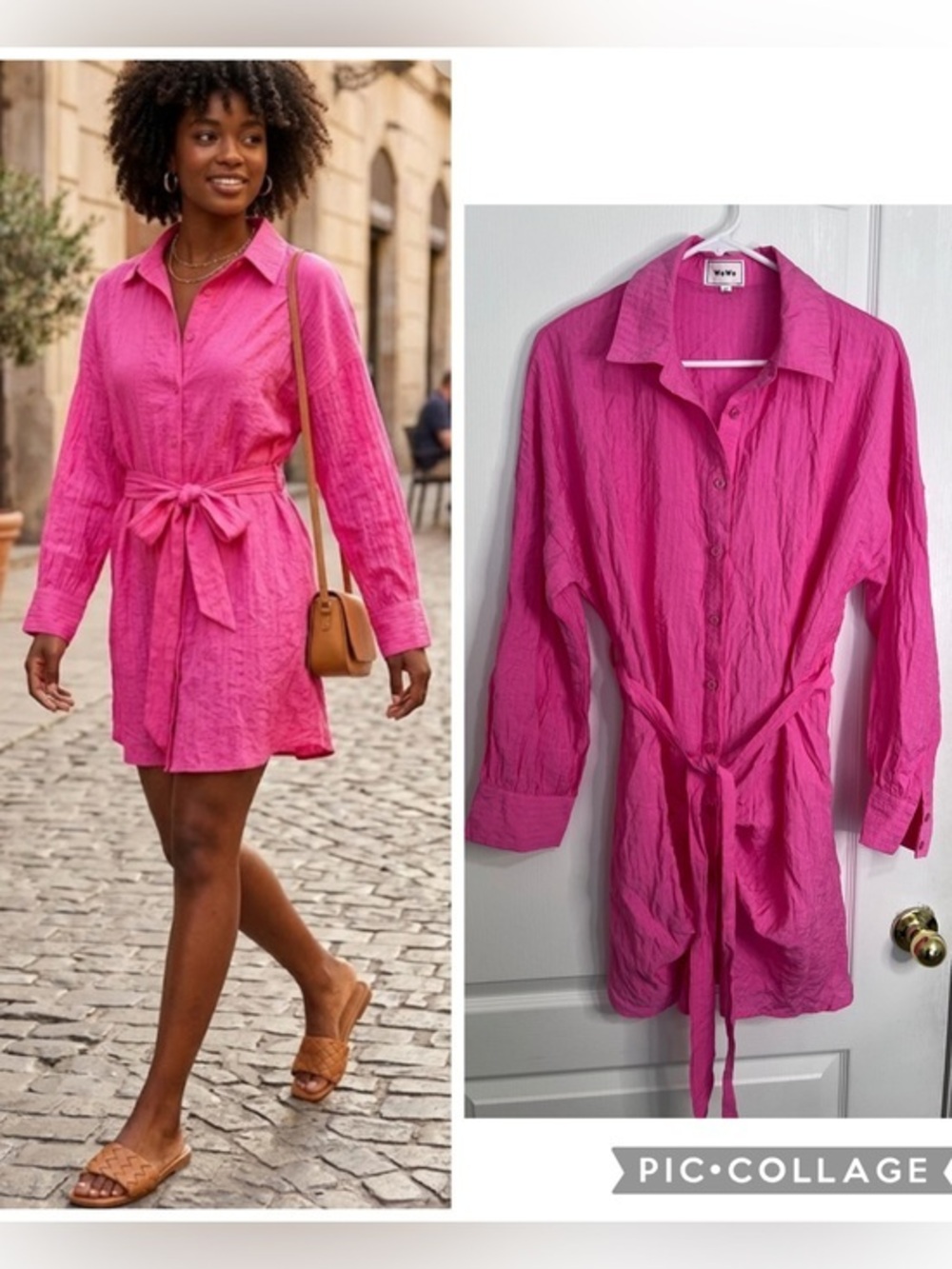 Wo Wo Bright Button Front Shirt with Waist Tie long sleeves Mini dress size 1XL